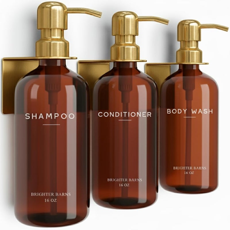 Brighter Barns Luxury Shampoo and Conditioner Dispenser Set Wall Mounted by - Plastic Shower Dispenser Set - 3 Chamber Drill Free Shampoo Bottle - Modern Bathroom Decor for Guest Bathroom (Amber Gold) - Image 1