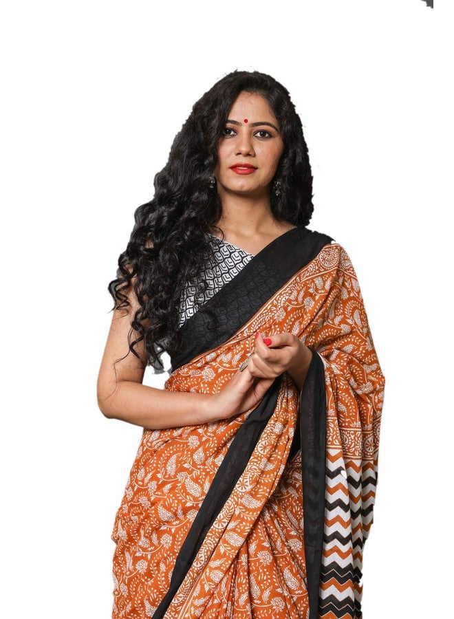 Kiaaron Women's Hand Block Kalamkari Batik Bagru Jaipuri Ikat Printed Handloom Pure Cotton Mulmul Traditional Ethnic Cotton Sarees With Printed Blouse Piece - Mustered - Image 2