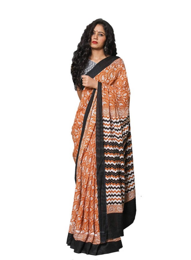 Kiaaron Women's Hand Block Kalamkari Batik Bagru Jaipuri Ikat Printed Handloom Pure Cotton Mulmul Traditional Ethnic Cotton Sarees With Printed Blouse Piece - Mustered - Image 3
