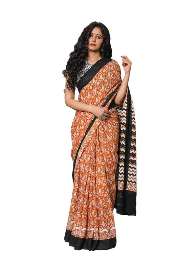 Kiaaron Women's Hand Block Kalamkari Batik Bagru Jaipuri Ikat Printed Handloom Pure Cotton Mulmul Traditional Ethnic Cotton Sarees With Printed Blouse Piece - Mustered - Image 1