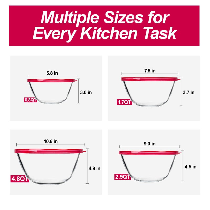 KOMUEE 4 Pack Glass Mixing Bowls Set with Lids (4.8QT, 2.9QT, 1.7QT, 0.8QT), Glass Nesting Bowls for Kitchen Baking, Cooking and Serving, Oven, Dishwasher, Freezer, and Microwave Safe - Image 2