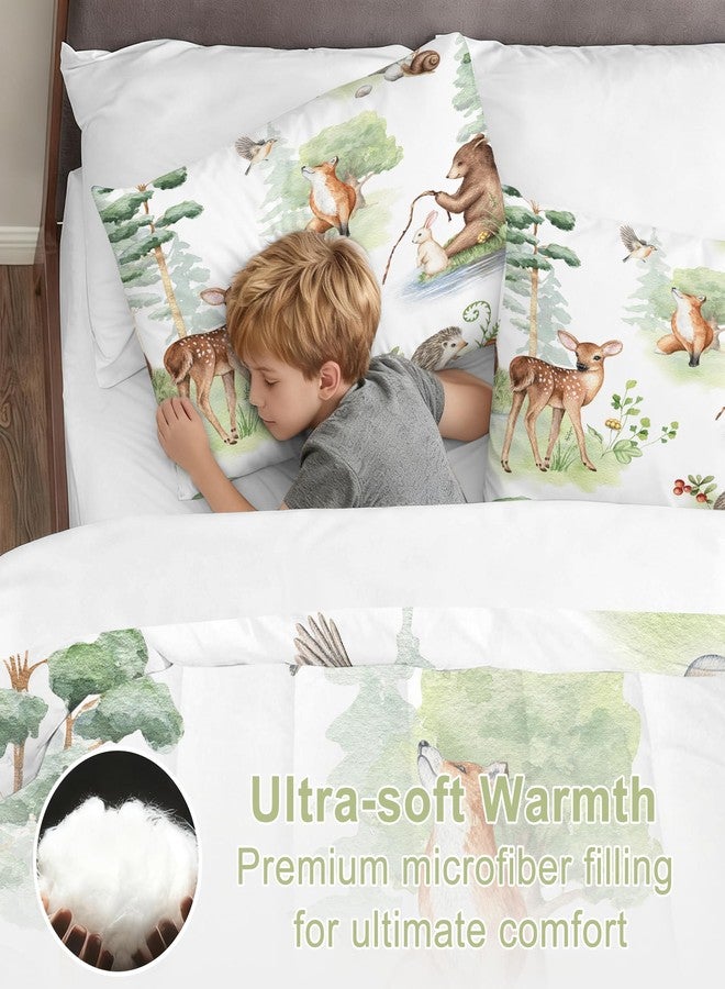 VTKON Wildlife Animals Comforter Set Twin for Kids Woodland Fox Deer and Bear Print Bedding Set Soft Cartoon Animal Print Bed Set White Green Forest Quilt Set with 1 Comforter + 1 Pillowcase - Image 2
