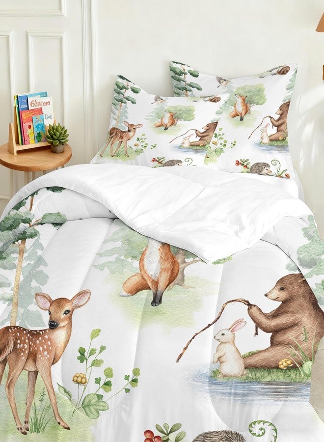 VTKON Wildlife Animals Comforter Set Twin for Kids Woodland Fox Deer and Bear Print Bedding Set Soft Cartoon Animal Print Bed Set White Green Forest Quilt Set with 1 Comforter + 1 Pillowcase - Image 4