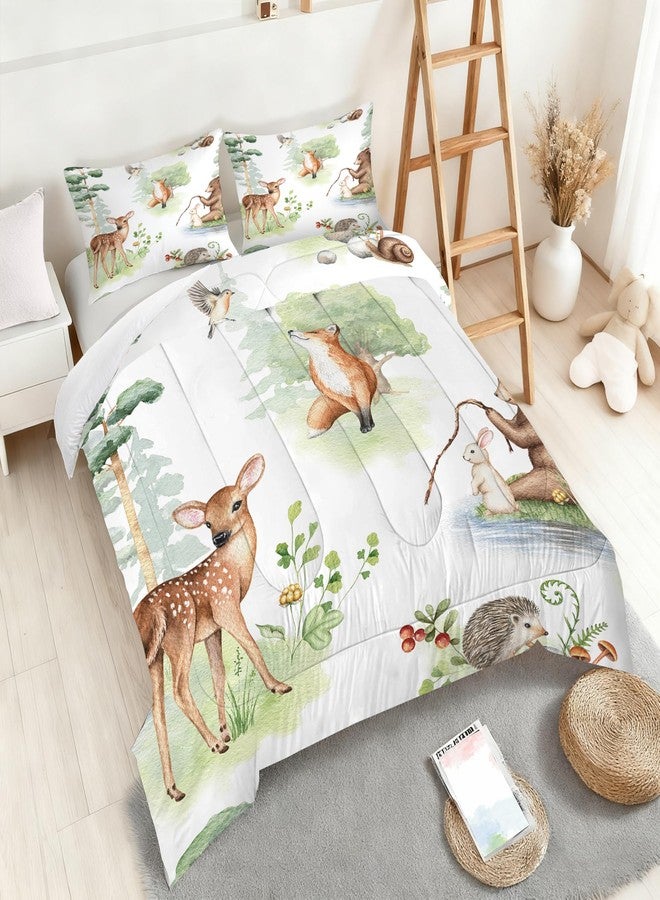 VTKON Wildlife Animals Comforter Set Twin for Kids Woodland Fox Deer and Bear Print Bedding Set Soft Cartoon Animal Print Bed Set White Green Forest Quilt Set with 1 Comforter + 1 Pillowcase - Image 5
