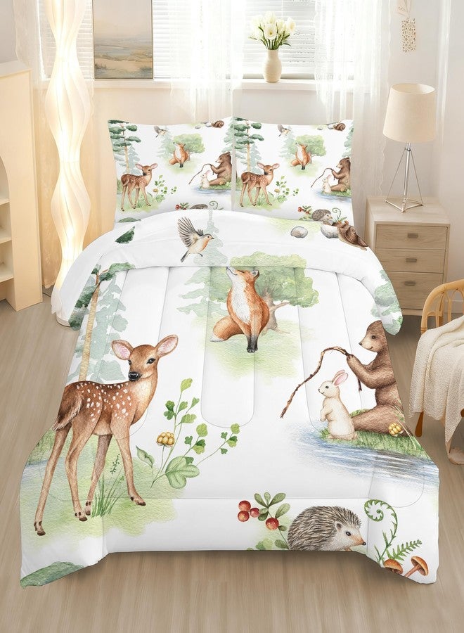 VTKON Wildlife Animals Comforter Set Twin for Kids Woodland Fox Deer and Bear Print Bedding Set Soft Cartoon Animal Print Bed Set White Green Forest Quilt Set with 1 Comforter + 1 Pillowcase - Image 1