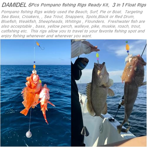 DAMIDEL 6Pcs Pompano Fishing Rigs Ready Kit，3 in 1 Float Rigs with Triple 3/0 Circle Hook for Surf Fishing，（12/0） Fishing line / 50in length/50lbTension in freshwter and Saltwater - Image 4