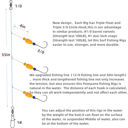 DAMIDEL 6Pcs Pompano Fishing Rigs Ready Kit，3 in 1 Float Rigs with Triple 3/0 Circle Hook for Surf Fishing，（12/0） Fishing line / 50in length/50lbTension in freshwter and Saltwater - Image 3
