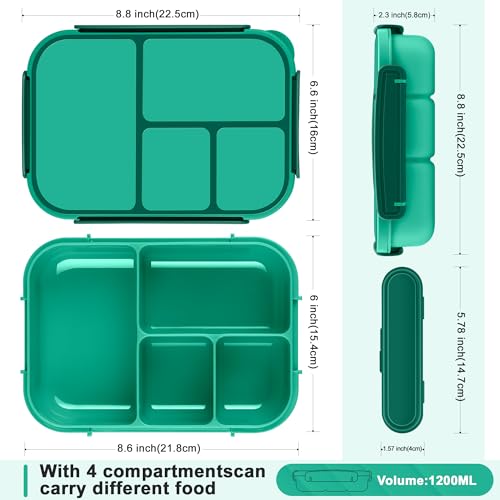 Amathley Lunch Box Kids,Bento Box Adult,Leakproof Lunch Containers for Adults/Kids/Toddler,1200ML-4 Compartments bento Lunch box with Utensil,Microwave & Dishwasher & Freezer Safe (Green) - Image 2