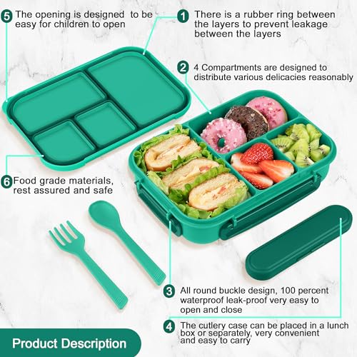 Amathley Lunch Box Kids,Bento Box Adult,Leakproof Lunch Containers for Adults/Kids/Toddler,1200ML-4 Compartments bento Lunch box with Utensil,Microwave & Dishwasher & Freezer Safe (Green) - Image 3