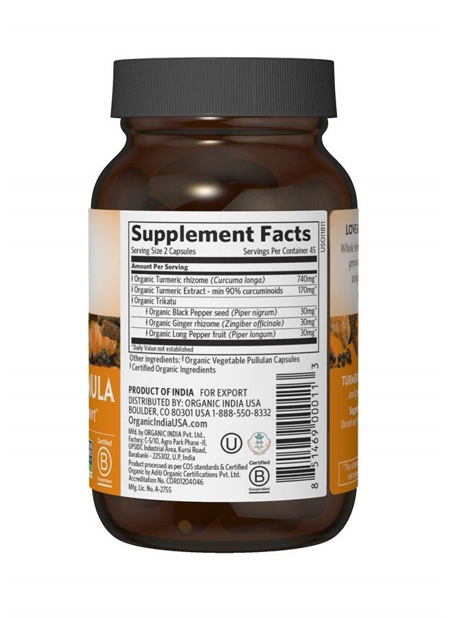 Organic India Turmeric Curcumin Herbal Supplement - Joint Mobility & Support, Immune System Support, Healthy Inflammatory Response, Whole Root Supplement, Organic Trikatu, USDA Certified Organic, Non- - Image 2