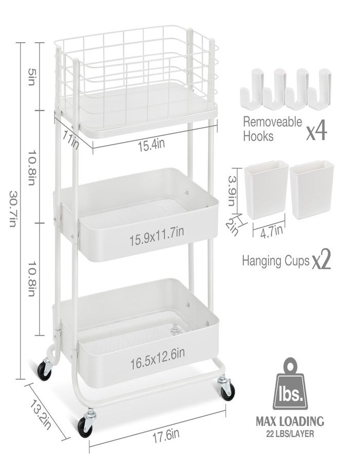 KINGRACK 3 Tier Rolling Cart, Metal Mobile Storage Shelf with Lockable Wheels, Prevent Falling Utility Trolley Cart, Storage Organizer for Kitchen, Office, Bathroom, Dorm, White - Image 2