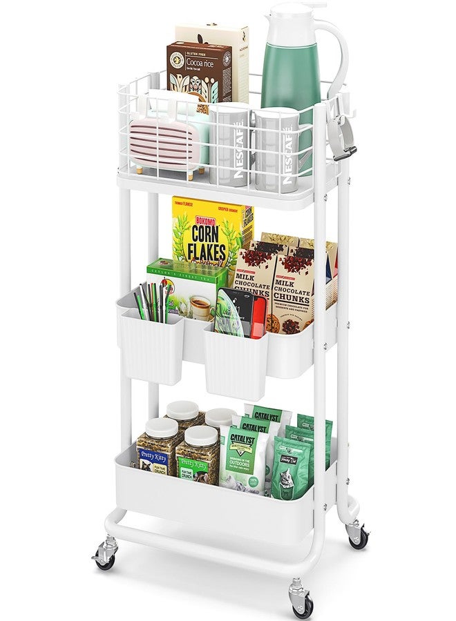 KINGRACK 3 Tier Rolling Cart, Metal Mobile Storage Shelf with Lockable Wheels, Prevent Falling Utility Trolley Cart, Storage Organizer for Kitchen, Office, Bathroom, Dorm, White - Image 1