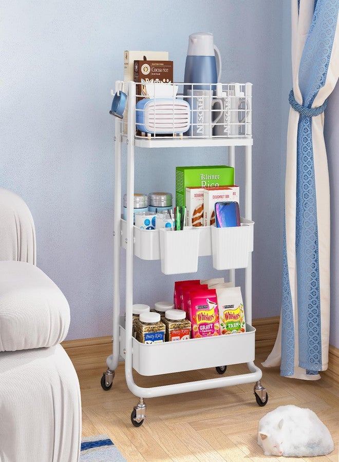 KINGRACK 3 Tier Rolling Cart, Metal Mobile Storage Shelf with Lockable Wheels, Prevent Falling Utility Trolley Cart, Storage Organizer for Kitchen, Office, Bathroom, Dorm, White - Image 5
