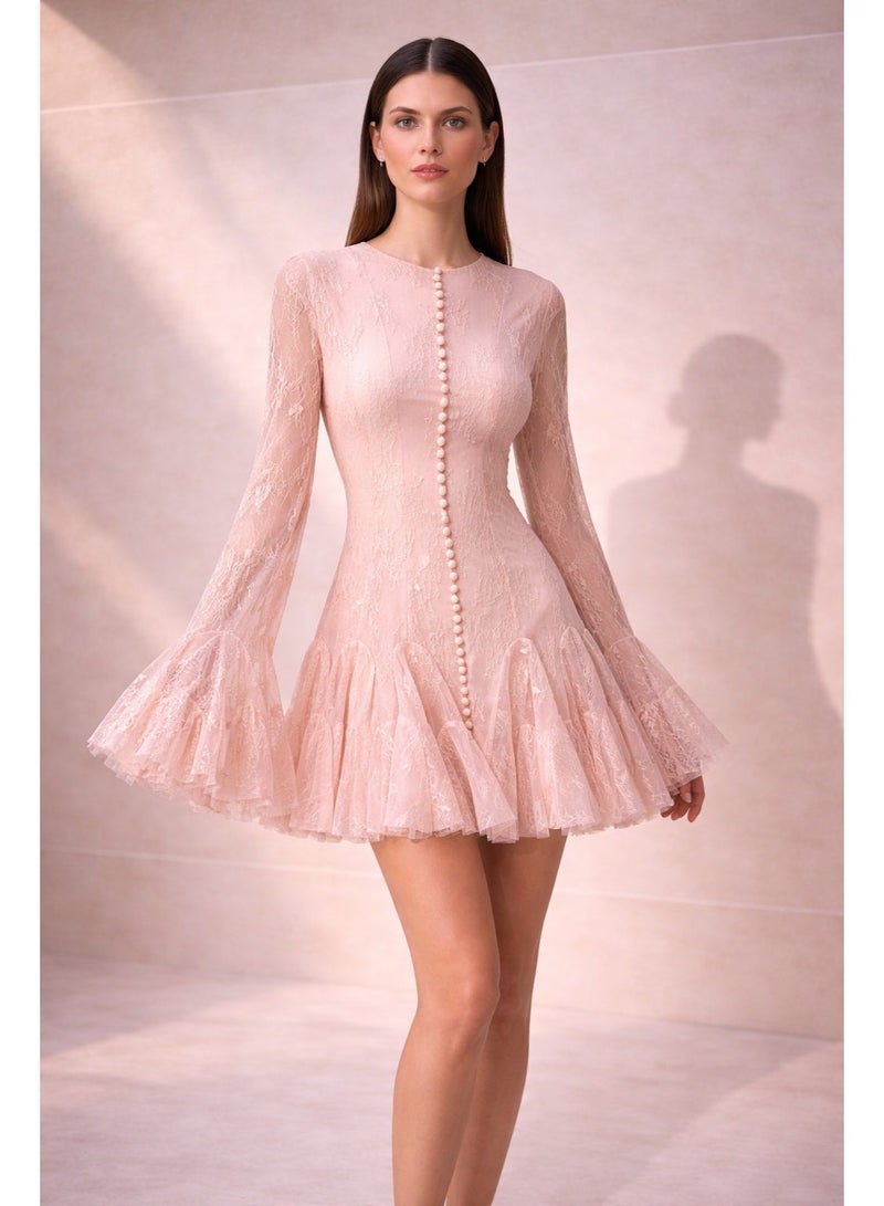 2TRENDY Women's Pink Lace Mini Dress with Long Flared Sleeves - Image 2