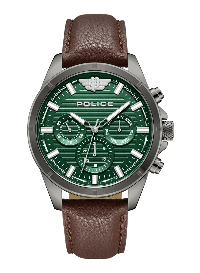 POLICE Malawi Men's 45mm Multifunction Watch with Satin Dark Green Dial & Brown Leather Strap