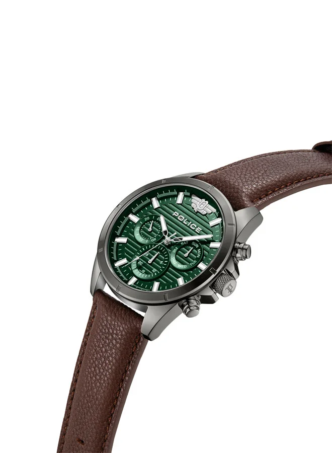POLICE Malawi Men's 45mm Multifunction Watch with Satin Dark Green Dial & Brown Leather Strap