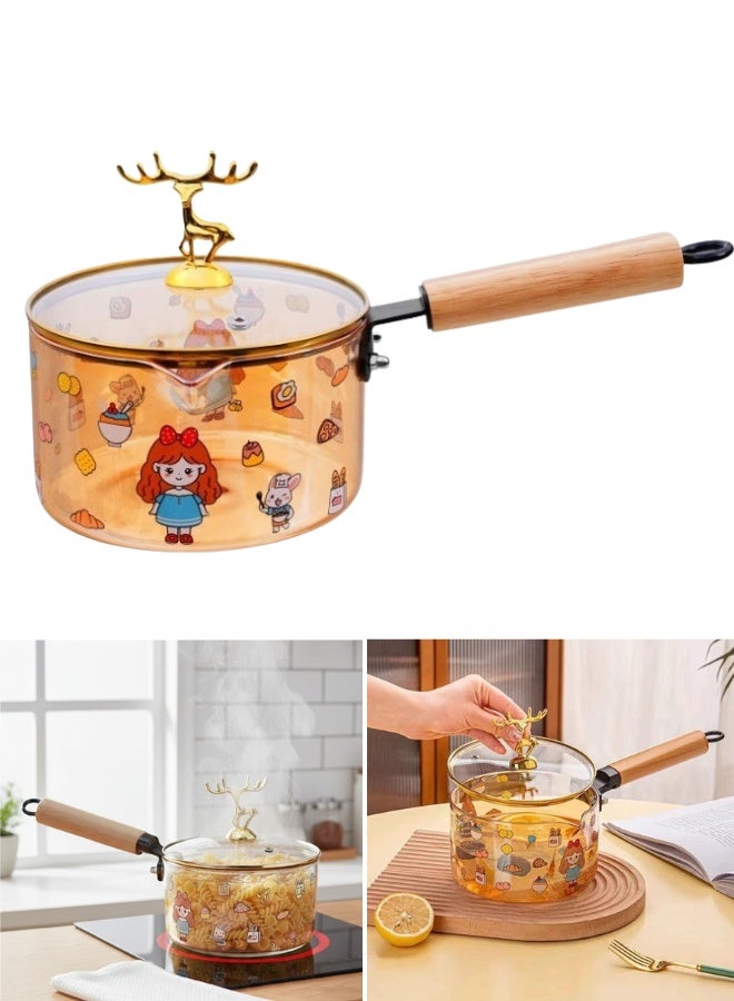 1.8L Heat Resistant Glass Cooking Pot with Deer Lid and Wooden Handle - Image 1