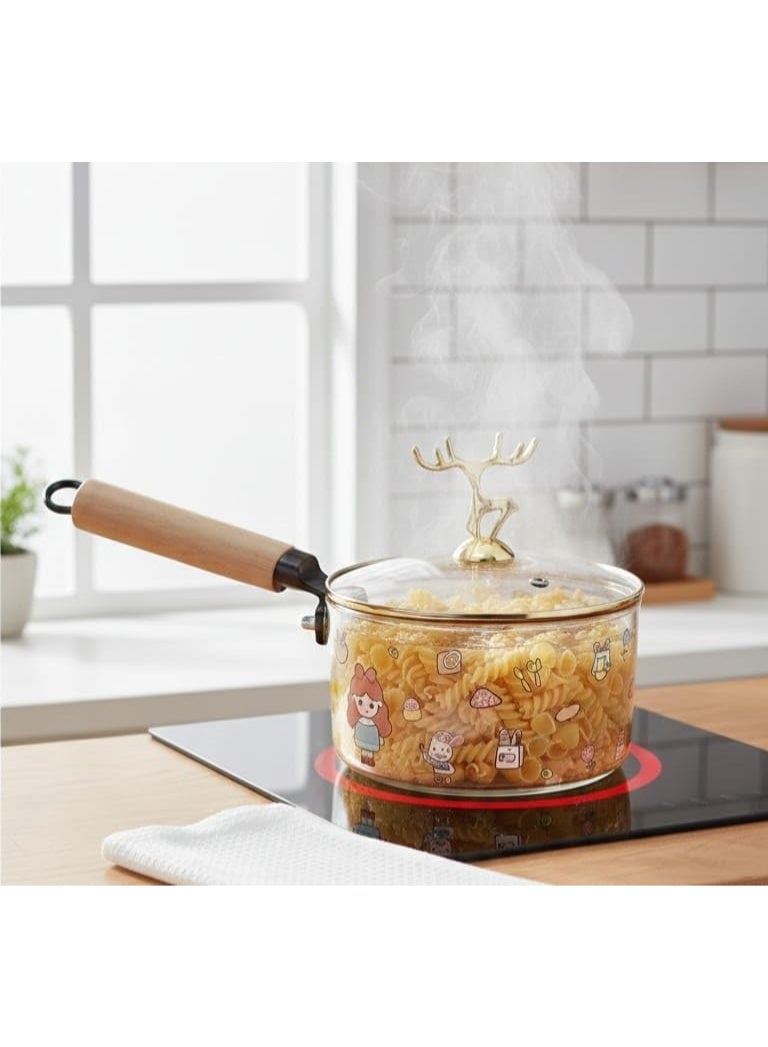 1.8L Heat Resistant Glass Cooking Pot with Deer Lid and Wooden Handle - Image 2