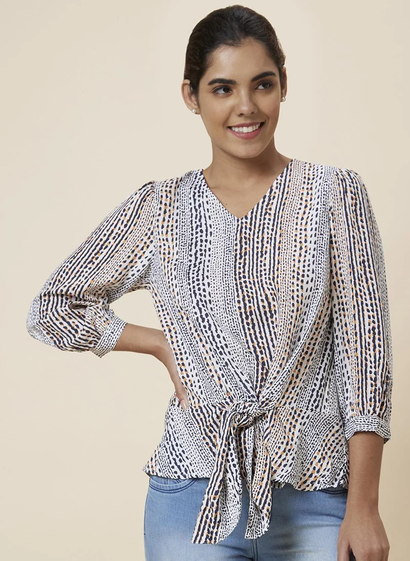 globus Globus Women White & Blue Abstract Printed Puff Sleeves Top