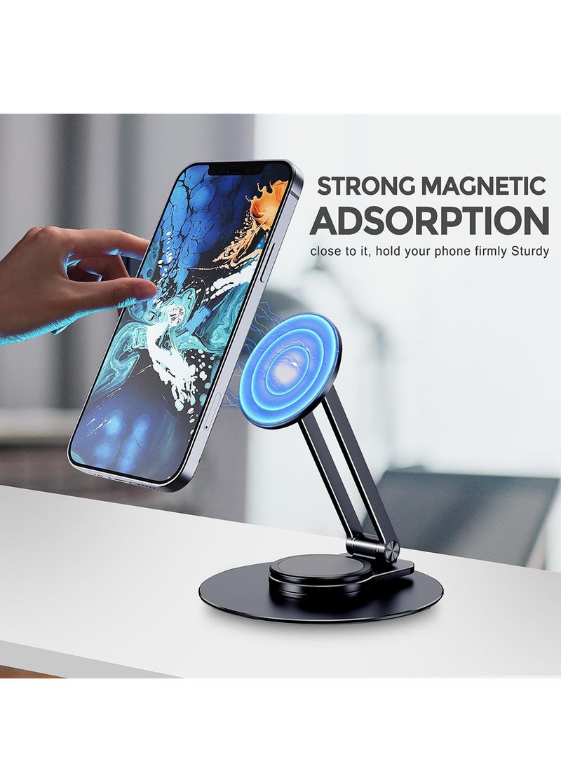 SYOSI - Magnetic Desk Phone Stand for iPhone, Adjustable Foldable Aluminum Phone Stand, 360°Rotation Magnetic Cell Phone Stand, Compatible with iPhone 15 14 13 12 Pro, Pro Max, Plus, Mini - Image 1