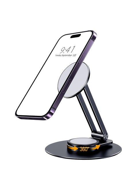Magnetic Desk Phone Stand for iPhone, Adjustable Foldable Aluminum Phone Stand, 360°Rotation Magnetic Cell Phone Stand, Compatible with iPhone 15 14 13 12 Pro, Pro Max, Plus, Mini