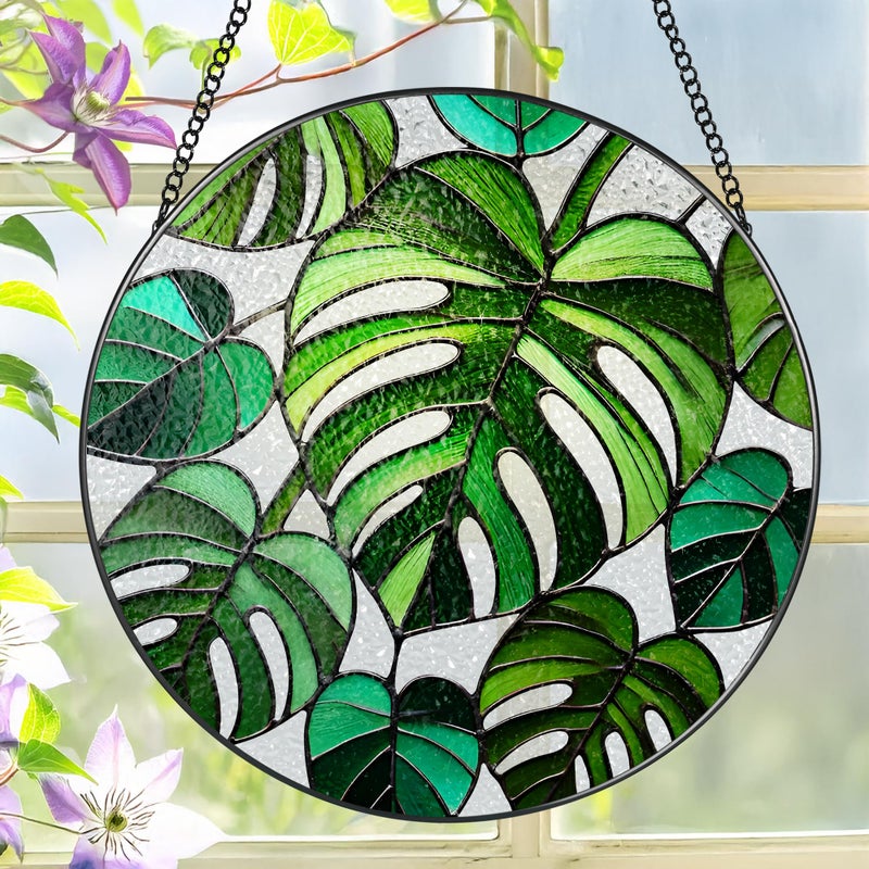 LAOWEIKI Stained Glass Window Hanging, 8 Inch Monstera Plant Stained Glass Suncatcher, Plant Sun Catcher, Plant Lover Decor, Plant Lover Gifts, Mother's Day, Birthday, Housewarming, Christmas, Festival Gifts - Image 1