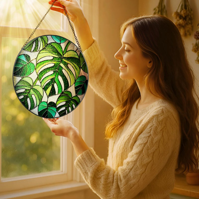 LAOWEIKI Stained Glass Window Hanging, 8 Inch Monstera Plant Stained Glass Suncatcher, Plant Sun Catcher, Plant Lover Decor, Plant Lover Gifts, Mother's Day, Birthday, Housewarming, Christmas, Festival Gifts - Image 2