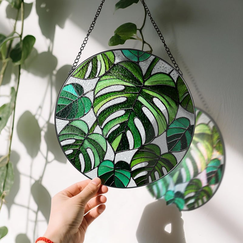 LAOWEIKI Stained Glass Window Hanging, 8 Inch Monstera Plant Stained Glass Suncatcher, Plant Sun Catcher, Plant Lover Decor, Plant Lover Gifts, Mother's Day, Birthday, Housewarming, Christmas, Festival Gifts - Image 3