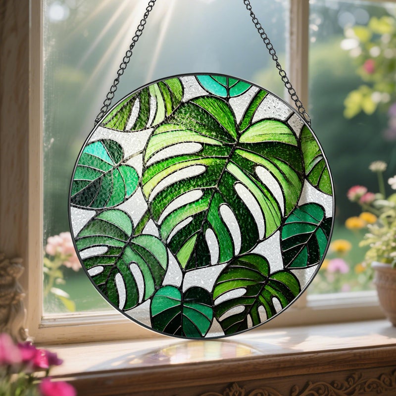 LAOWEIKI Stained Glass Window Hanging, 8 Inch Monstera Plant Stained Glass Suncatcher, Plant Sun Catcher, Plant Lover Decor, Plant Lover Gifts, Mother's Day, Birthday, Housewarming, Christmas, Festival Gifts - Image 5