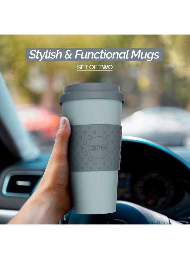 Copco Copco Acadia 16oz Travel Mug with Lid, Set of 2 Double Wall Insulated Tumbler, Non-Slip Sleeve and BPA-Free - Microwave & Dishwasher Safe, Reusable Plastic To Go Travel Coffee Mug (Aqua/Gray) - Image 2