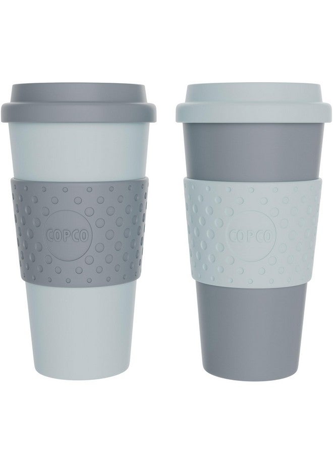 Copco Copco Acadia 16oz Travel Mug with Lid, Set of 2 Double Wall Insulated Tumbler, Non-Slip Sleeve and BPA-Free - Microwave & Dishwasher Safe, Reusable Plastic To Go Travel Coffee Mug (Aqua/Gray) - Image 1