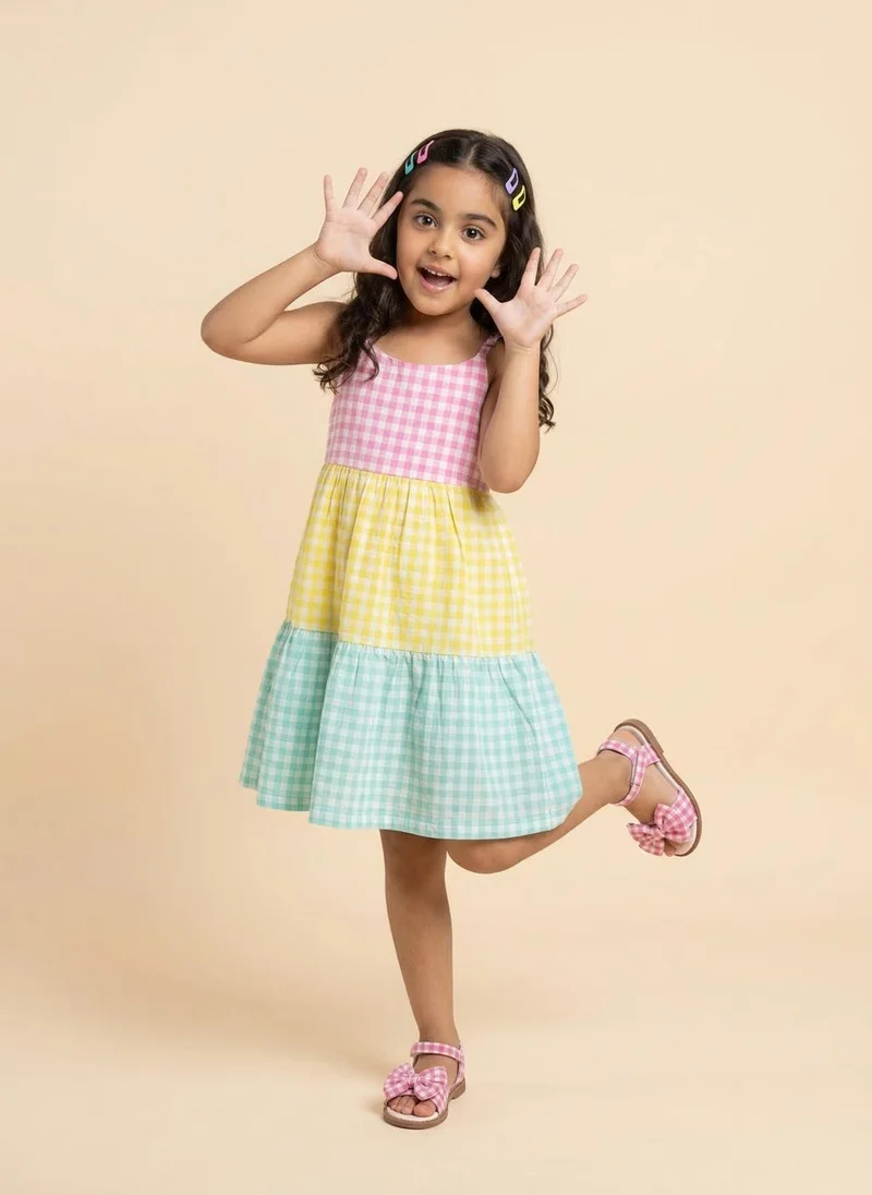 نوتيناتي Nautinati Girls' Cotton Blend Colourblock & Gingham Chequered Gathered Strappy Dress