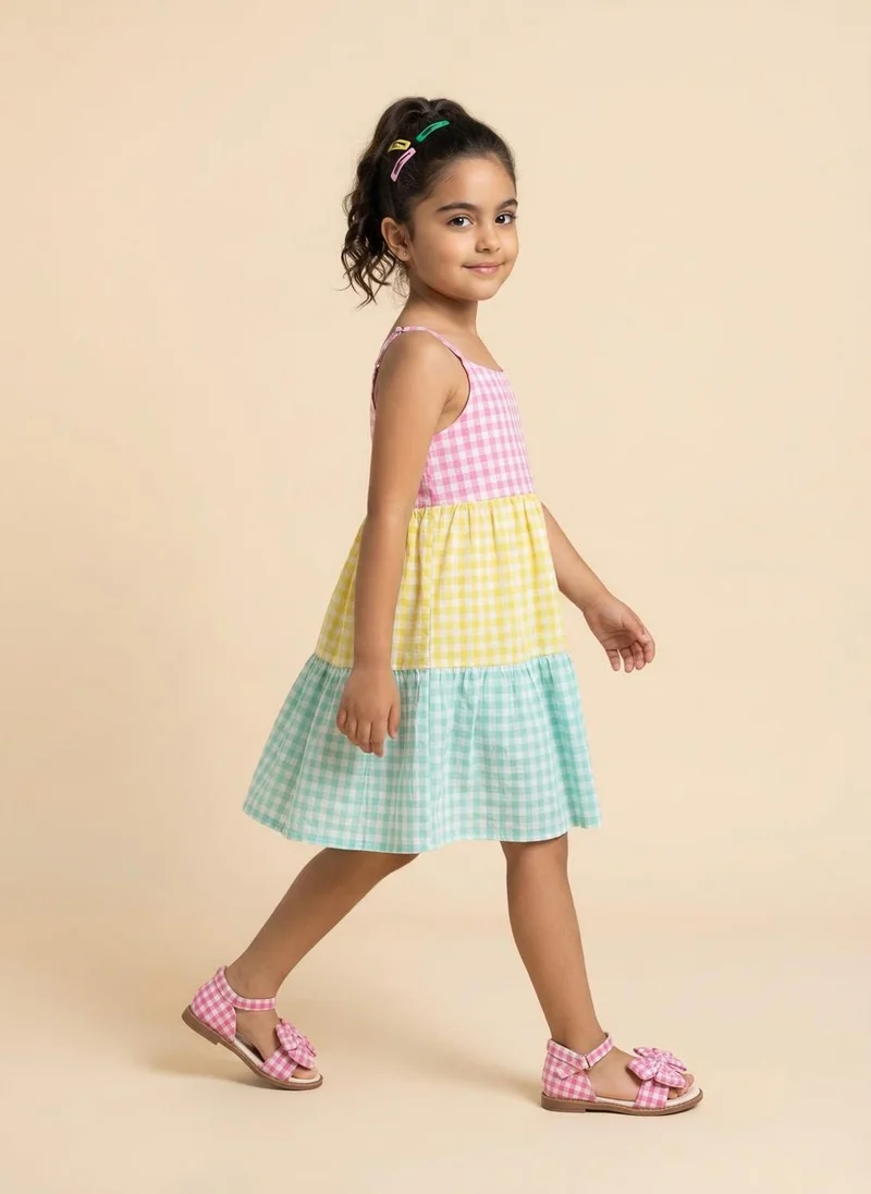 نوتيناتي Nautinati Girls' Cotton Blend Colourblock & Gingham Chequered Gathered Strappy Dress