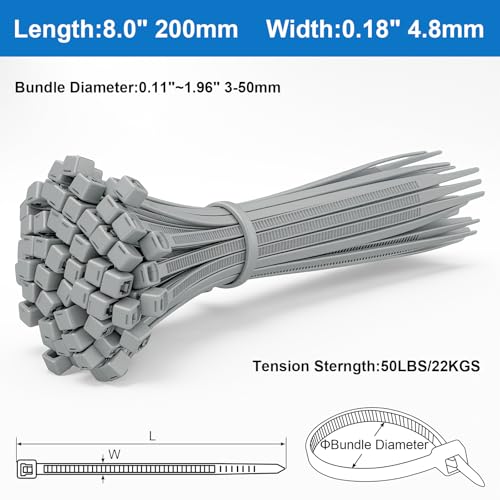 Baomain 100-Pack 8 Inch Self-Locking Nylon Cable Zip Ties, Heavy-Duty and Multi-Purpose (0.18" Width, 50LBS Tensile Strength), Indoor and Outdoor Use for Home, Office, Garden, Workshop,Gray - Image 2
