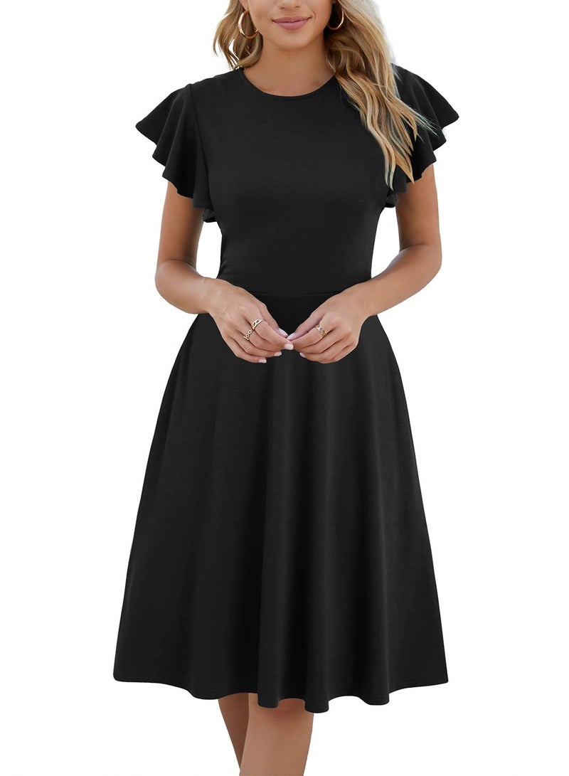 HELYO Semi Formal Dresses for Women Wedding Guest Elegant Vintage Ruffle Sleeves V-Back Cocktail Party Dress with Pockets 842 Black XL - Image 1