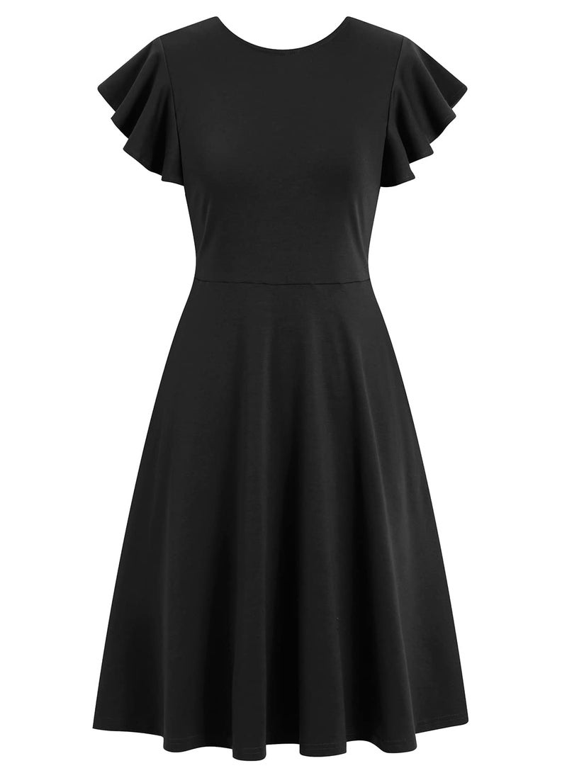 HELYO Semi Formal Dresses for Women Wedding Guest Elegant Vintage Ruffle Sleeves V-Back Cocktail Party Dress with Pockets 842 Black XL - Image 4