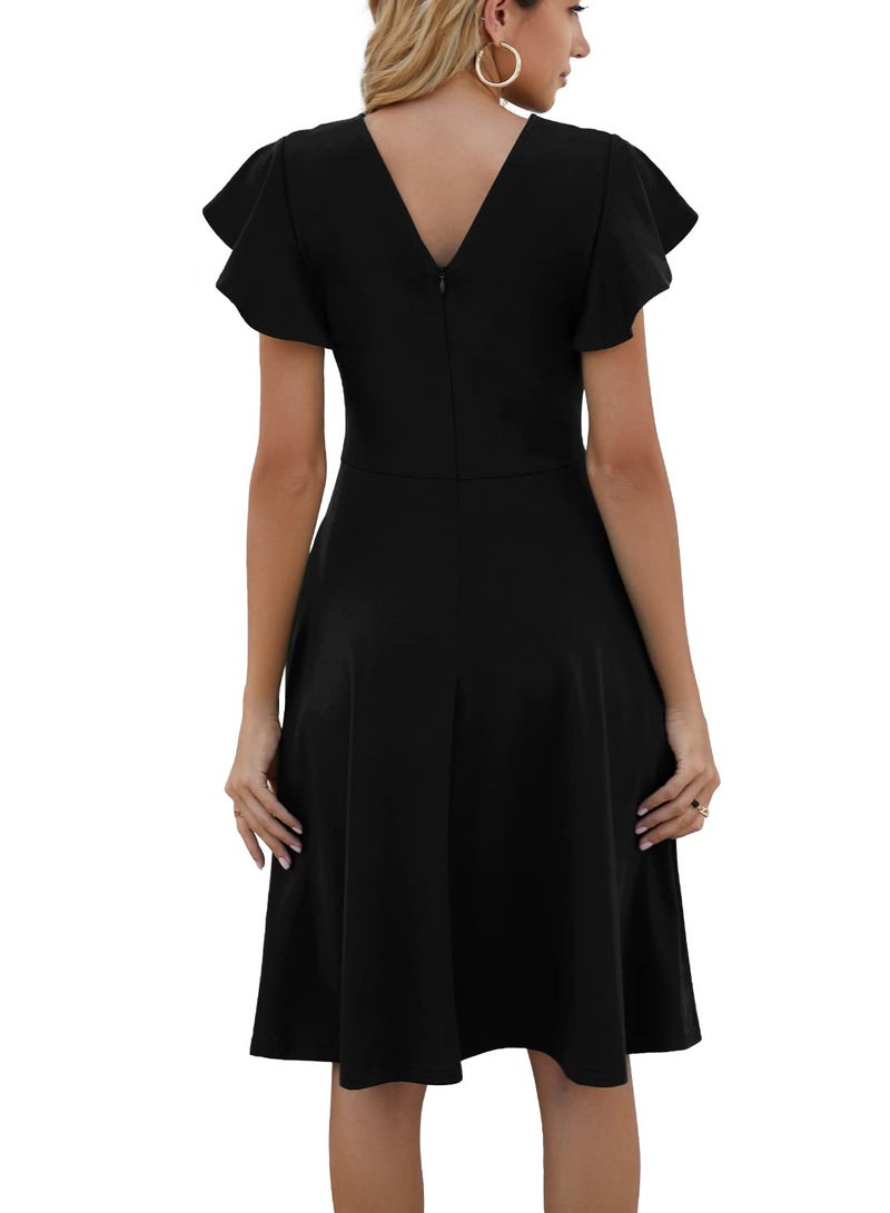 HELYO Semi Formal Dresses for Women Wedding Guest Elegant Vintage Ruffle Sleeves V-Back Cocktail Party Dress with Pockets 842 Black XL - Image 2