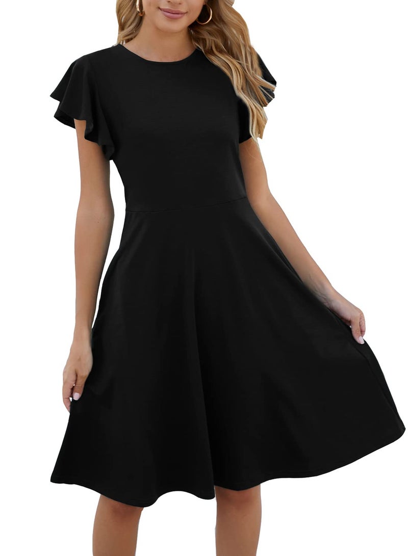 HELYO Semi Formal Dresses for Women Wedding Guest Elegant Vintage Ruffle Sleeves V-Back Cocktail Party Dress with Pockets 842 Black XL - Image 3