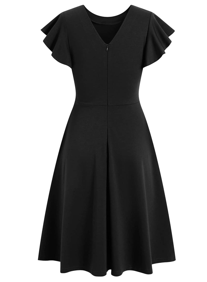 HELYO Semi Formal Dresses for Women Wedding Guest Elegant Vintage Ruffle Sleeves V-Back Cocktail Party Dress with Pockets 842 Black XL - Image 5