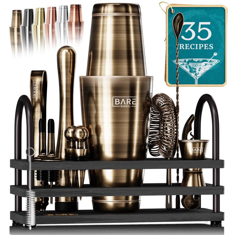 BARE BARREL Mixology Bartender Kit Bar Set 14Piece Cocktail Shaker Set Martini Barware Mixing Tools for Home Bartending 35 Recipe Cards Gift Set 28oz Boston Shaker BrassBlack - Image 2