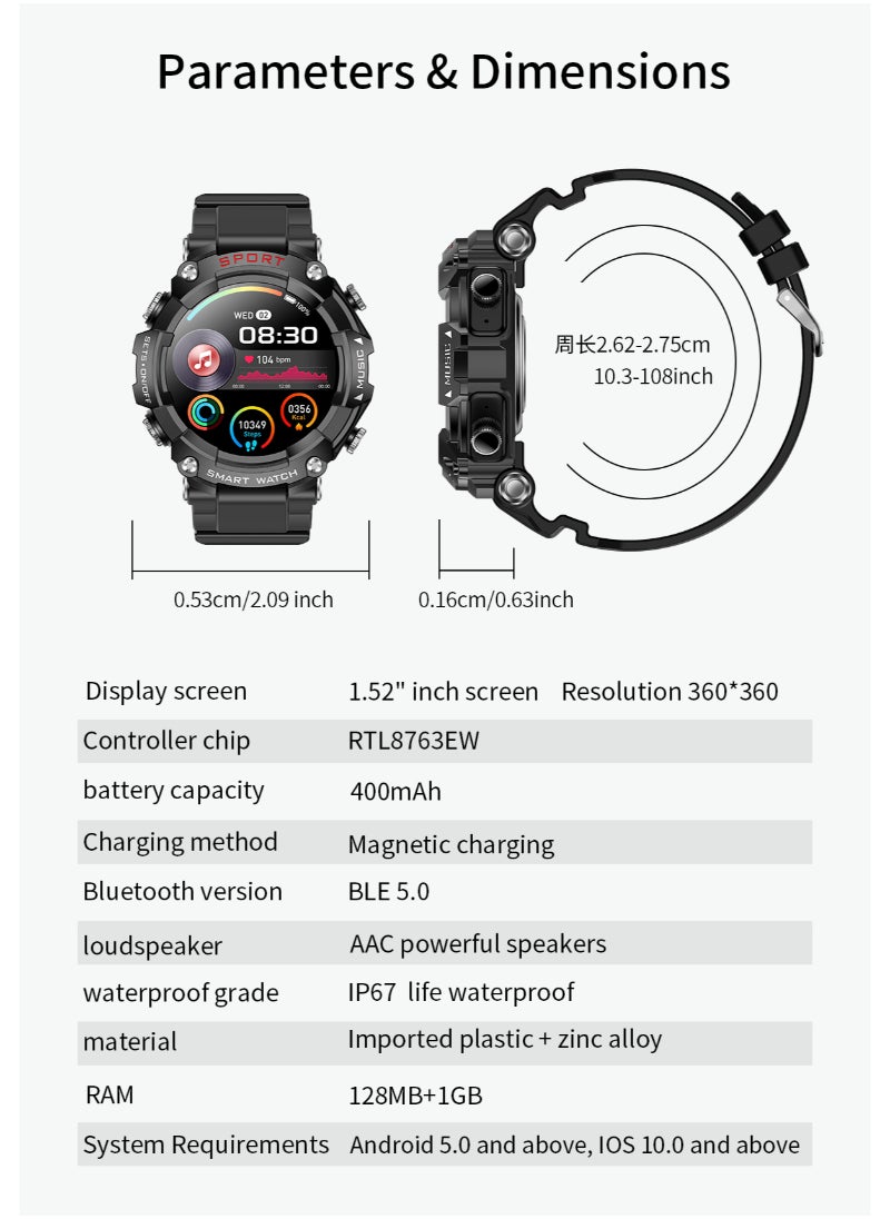 Generic - T96 Bluetooth Smart Watch With Earbuds 1.52 HD Screen Rugged Bluetooth Call Fitness Tracker IP67 Waterproof AI Voice Assistant Silver - Image 1