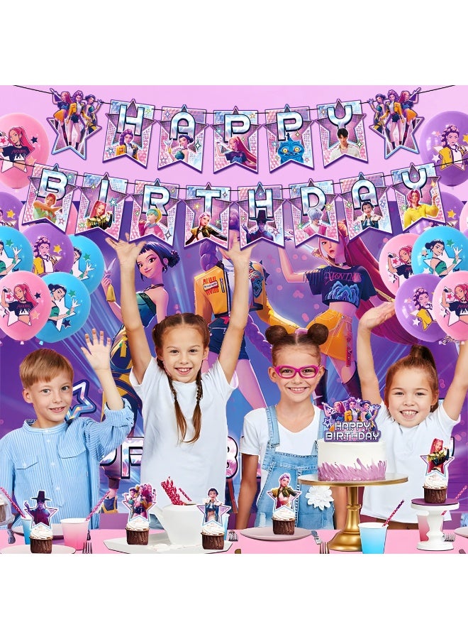 KPop Demon Hunters Birthday Party Decorations Set, Happy Birthday Banner, Backdrop, Latex Balloons, Cake & Cupcake Toppers for Kids Fans - Image 4
