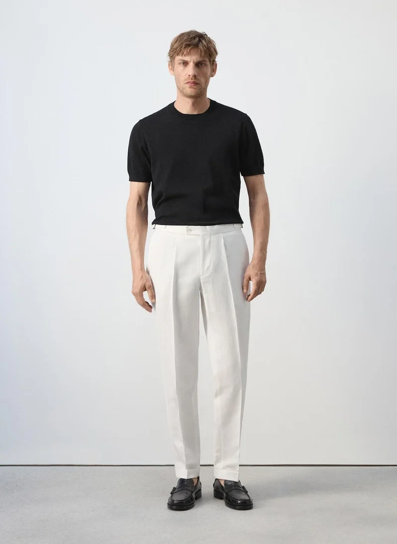 Mango Man 01-BLANCO Pleated Linen-Blend Suit Pants for Men | Best Price UAE