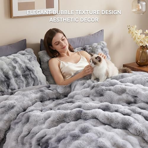 Smoofy Fluffy Comforter Set King - Ultra Faux Rabbit Fur Bubble Comforter, Tie-Dye Grey Luxury Plush Bedding Set, Cloud-Like Soft & Cozy for Winter Comforter with 2 Pillowcases, Room Decor Aesthetic - Image 4