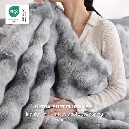 Smoofy Fluffy Comforter Set King - Ultra Faux Rabbit Fur Bubble Comforter, Tie-Dye Grey Luxury Plush Bedding Set, Cloud-Like Soft & Cozy for Winter Comforter with 2 Pillowcases, Room Decor Aesthetic - Image 3