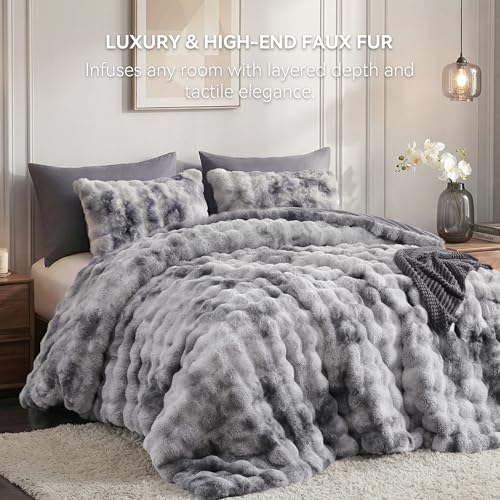 Smoofy Fluffy Comforter Set King - Ultra Faux Rabbit Fur Bubble Comforter, Tie-Dye Grey Luxury Plush Bedding Set, Cloud-Like Soft & Cozy for Winter Comforter with 2 Pillowcases, Room Decor Aesthetic - Image 2