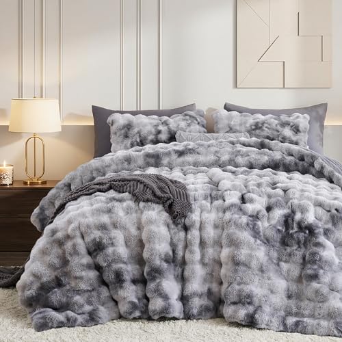 Smoofy Fluffy Comforter Set King - Ultra Faux Rabbit Fur Bubble Comforter, Tie-Dye Grey Luxury Plush Bedding Set, Cloud-Like Soft & Cozy for Winter Comforter with 2 Pillowcases, Room Decor Aesthetic - Image 1