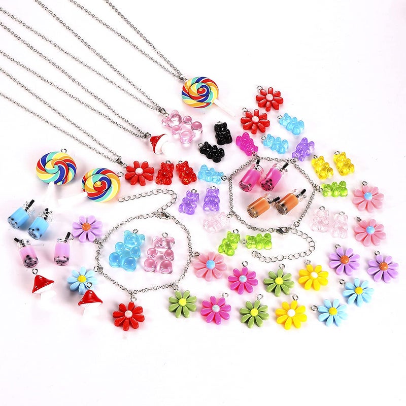HSWE 263 PCS Charm Bracelet Making Kit,Colorful Gummy Candy Bear Milk Tea Lollipop Flower Pendant Charms Cute Funny Mushroom Earring Necklace DIY Jewelry Craft Making for Women - Image 4