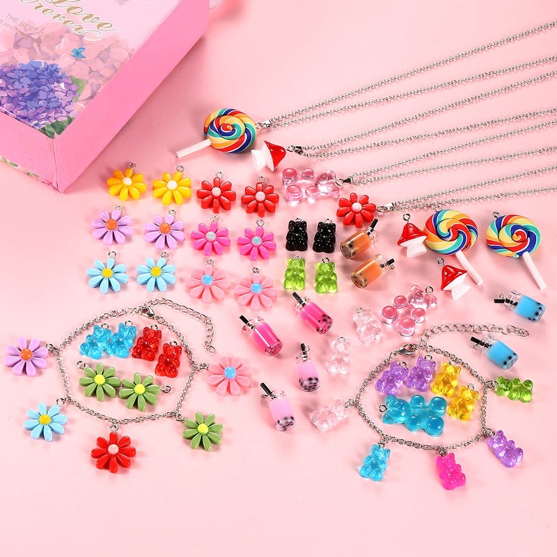 HSWE 263 PCS Charm Bracelet Making Kit,Colorful Gummy Candy Bear Milk Tea Lollipop Flower Pendant Charms Cute Funny Mushroom Earring Necklace DIY Jewelry Craft Making for Women - Image 5