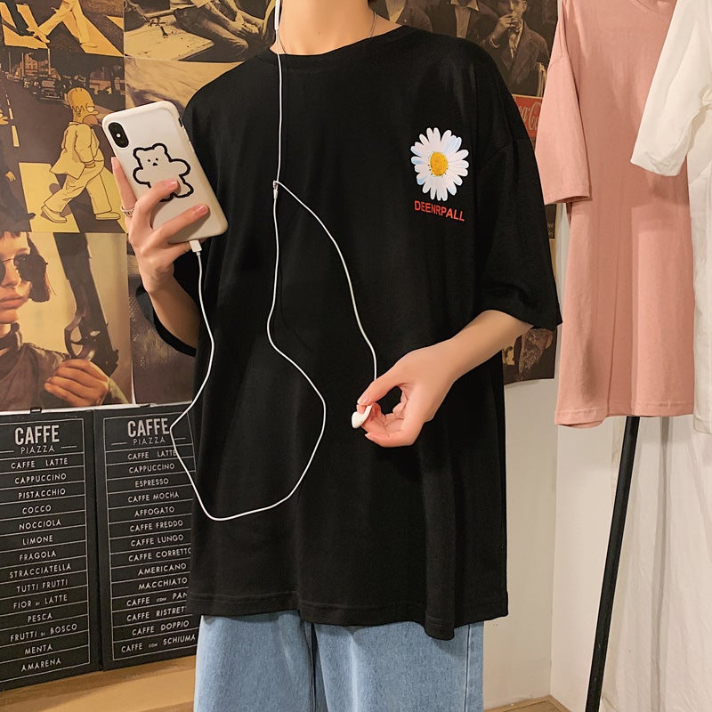 ins super popular Daisy T-shirt men's short sleeve trendy loose summer half sleeve student Hong Kong style fake two-piece T-shirt fashion - Image 5